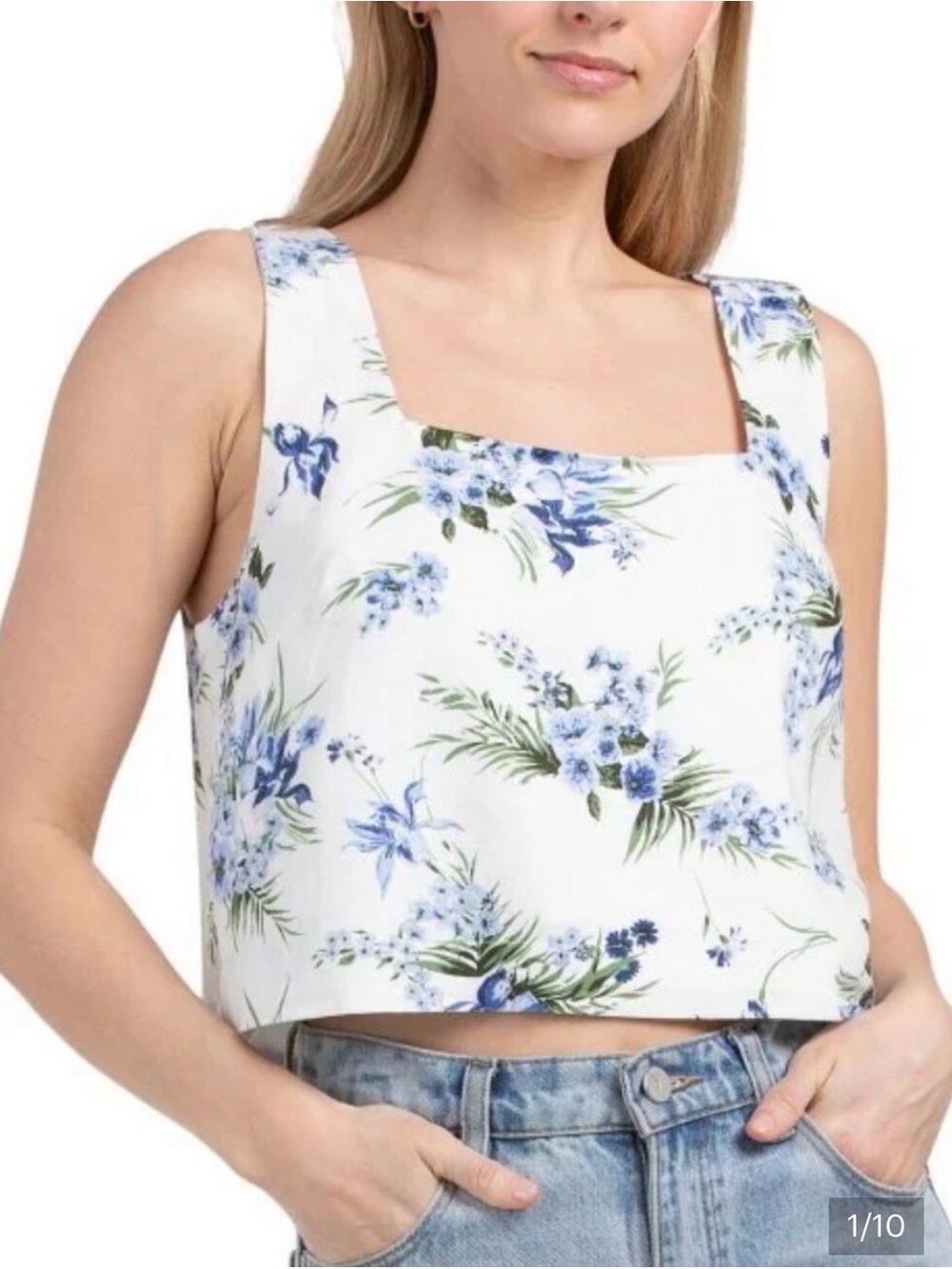 Rachel Zoe White Crop Top with Blue Floral Print Linen Blend - size small